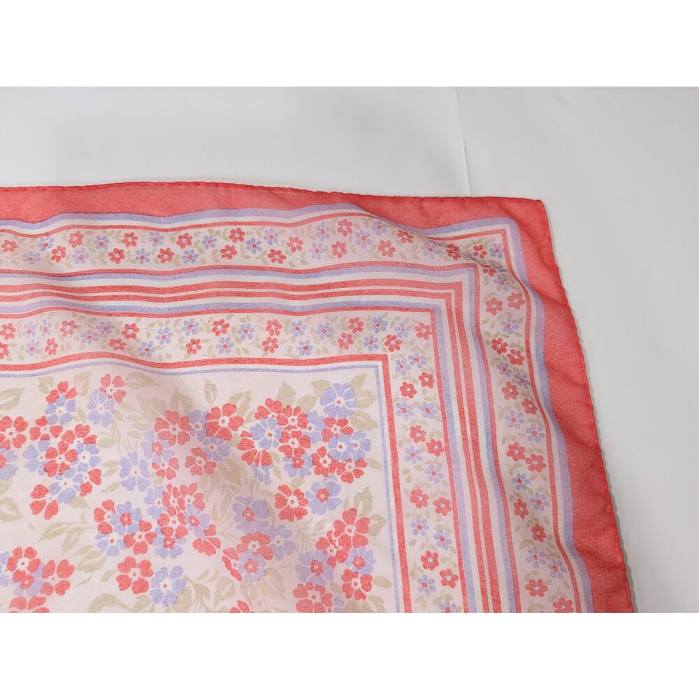 Vintage 70s Scarf Coral Pink Lavender Floral Stripe Floral Print Square - Picture 4 of 10